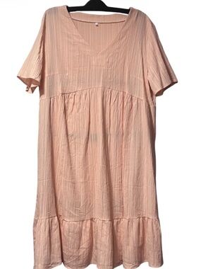 Light Pink/Blush Tiered Crinkle Dress V-Neck Flowy Casual Summer